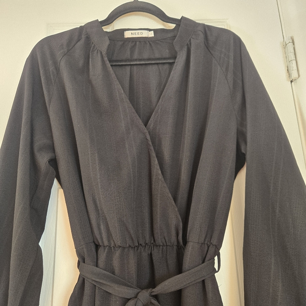 🖤 NEED Black Faux Wrap Maxi Dress Cinched Waist Pockets Size Large - Picture 7 of 17